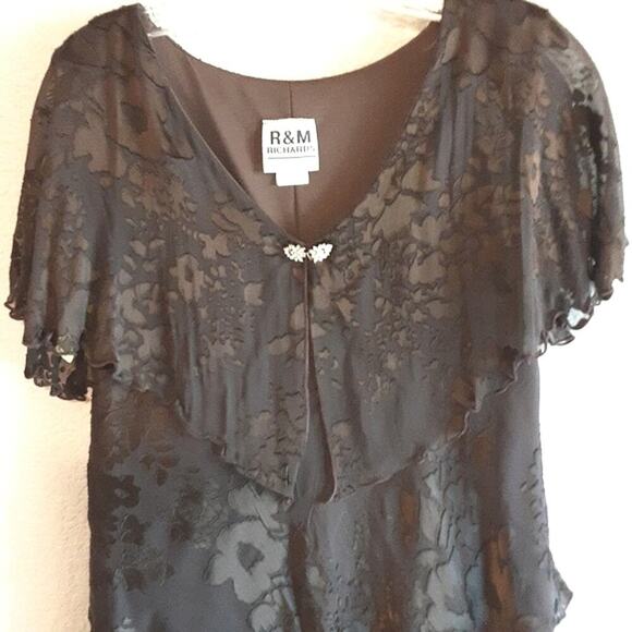 R & M Richards Vintage Brown 100% Silk Velvet Burnout Tiered Ruffled Dress 10 - Picture 2 of 9